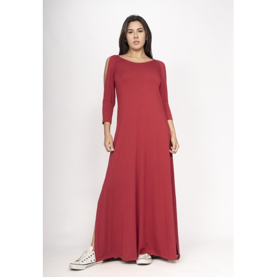 Vestido Boyrá Longo Malha Detalhe na Manga Bordô