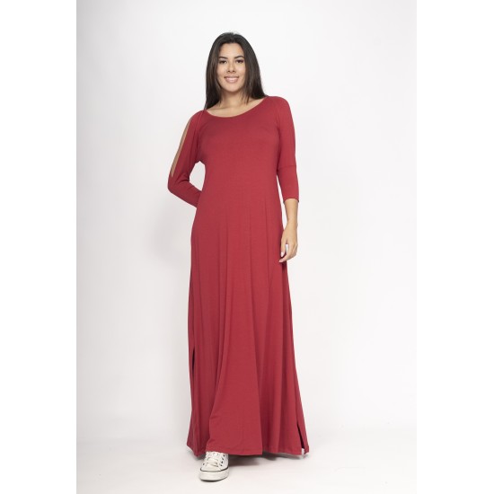 Vestido Boyrá Longo Malha Detalhe na Manga Bordô
