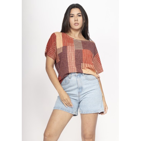 Blusa Básica Morcego Malha Gola Canoa Manga Curta Tramas do Sol