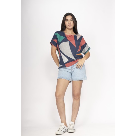 Blusa Básica Morcego Malha Gola Canoa Manga Curta Geometrias do Tempo