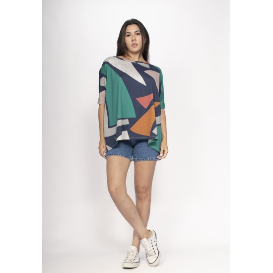 Blusa Ampla Malha Morcego Manga Curta Santa Geometrias do Tempo