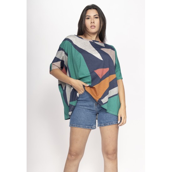 Blusa Ampla Malha Morcego Manga Curta Santa Geometrias do Tempo