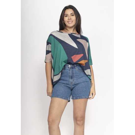 Blusa Ampla Malha Morcego Manga Curta Santa Geometrias do Tempo