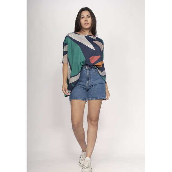 Blusa Ampla Malha Morcego Manga Curta Santa Geometrias do Tempo