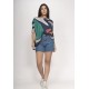 Blusa Ampla Malha Morcego Manga Curta Santa Geometrias do Tempo