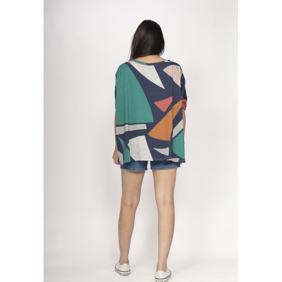 Blusa Ampla Malha Morcego Manga Curta Santa Geometrias do Tempo