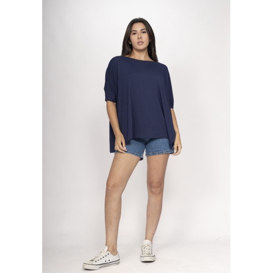 Blusa Ampla Malha Morcego Manga Curta Azul Marinho