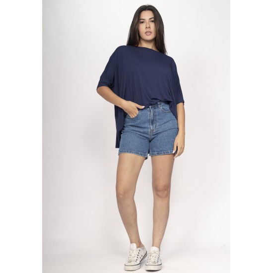 Blusa Ampla Malha Morcego Manga Curta Azul Marinho