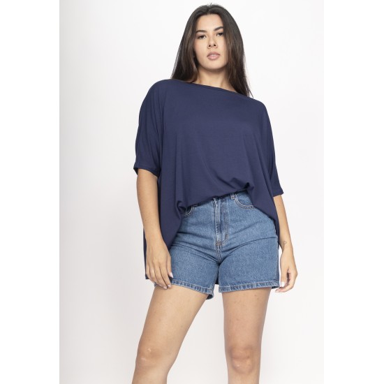 Blusa Ampla Malha Morcego Manga Curta Azul Marinho