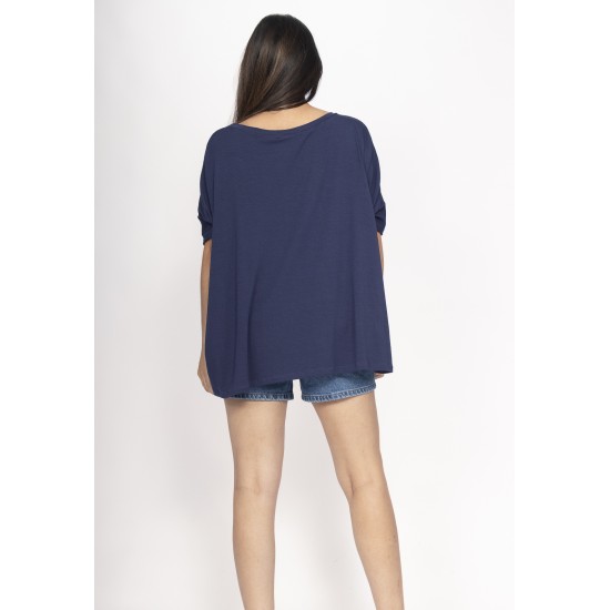 Blusa Ampla Malha Morcego Manga Curta Azul Marinho