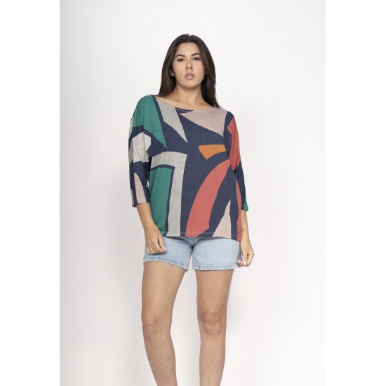 Blusa Morcego Ampla Manga 3/4 Geometrias do Tempo