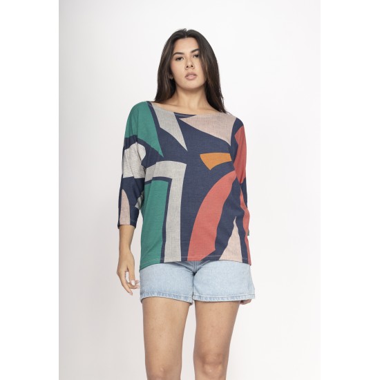 Blusa Morcego Ampla Manga 3/4 Geometrias do Tempo