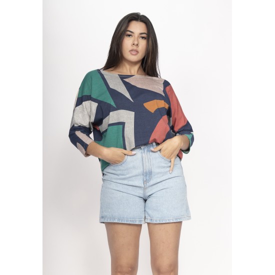 Blusa Morcego Ampla Manga 3/4 Geometrias do Tempo