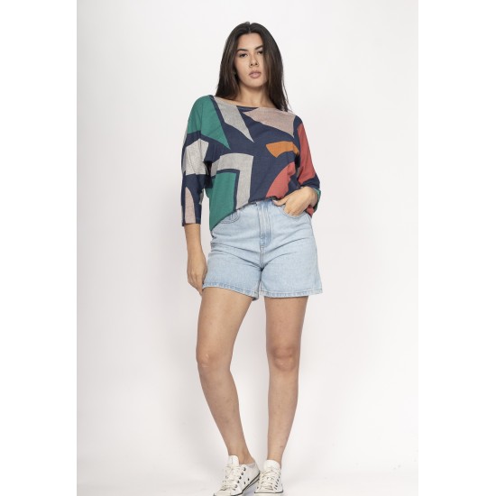 Blusa Morcego Ampla Manga 3/4 Geometrias do Tempo