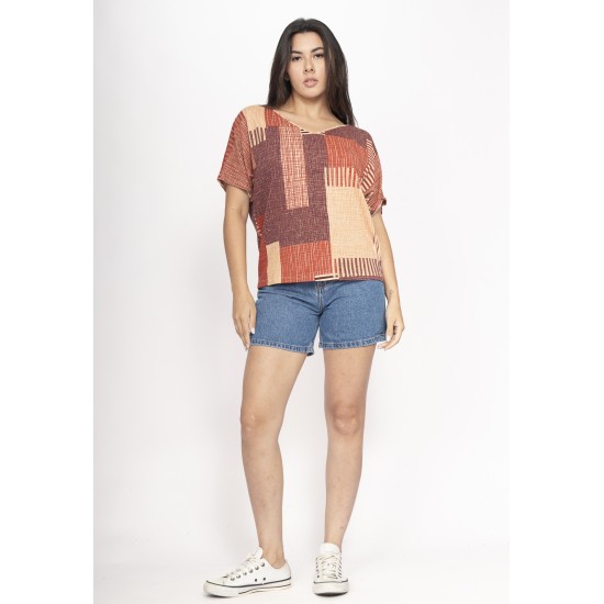 Blusa Básica Morcego Malha Gola V Manga Curta Tramas do Sol