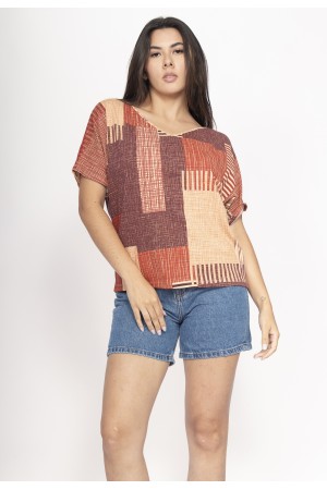 Blusa Básica Morcego Malha Gola V Manga Curta Tramas do Sol