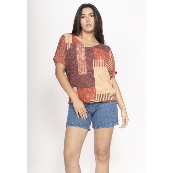 Blusa Básica Morcego Malha Gola V Manga Curta Tramas do Sol