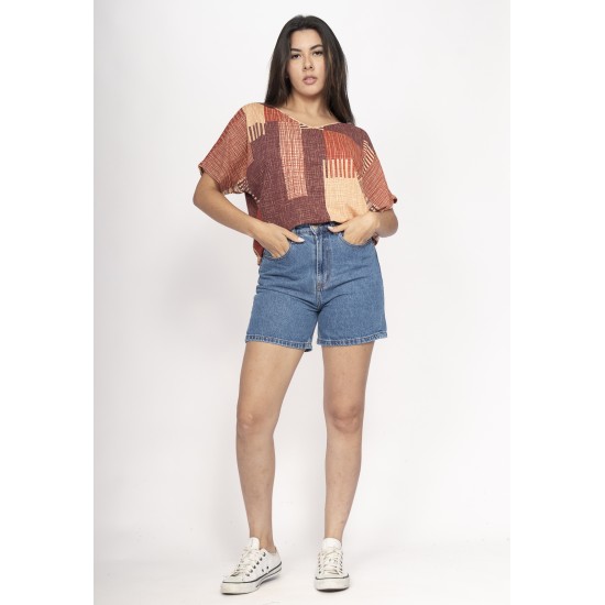 Blusa Básica Morcego Malha Gola V Manga Curta Tramas do Sol