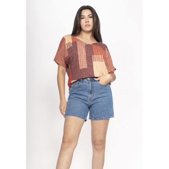 Blusa Básica Morcego Malha Gola V Manga Curta Tramas do Sol