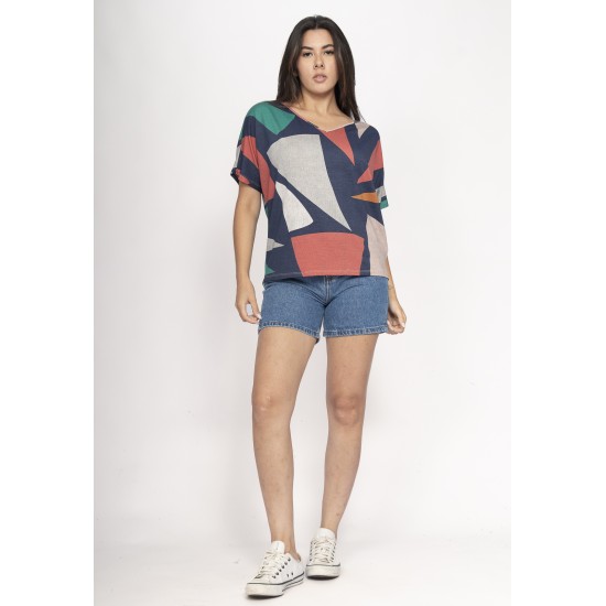 Blusa Básica Morcego Malha Gola V Manga Curta Geometrias do Tempo