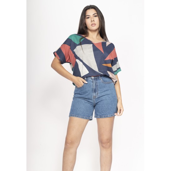 Blusa Básica Morcego Malha Gola V Manga Curta Geometrias do Tempo