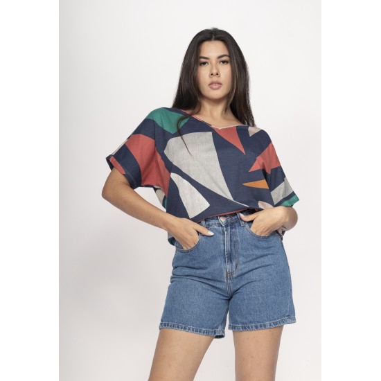 Blusa Básica Morcego Malha Gola V Manga Curta Geometrias do Tempo