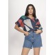 Blusa Básica Morcego Malha Gola V Manga Curta Geometrias do Tempo