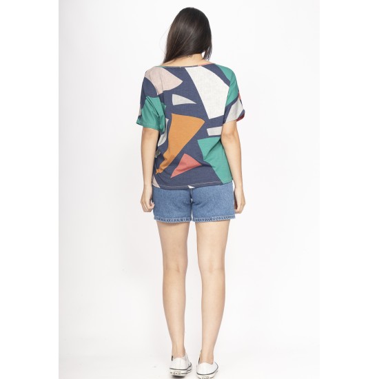 Blusa Básica Morcego Malha Gola V Manga Curta Geometrias do Tempo