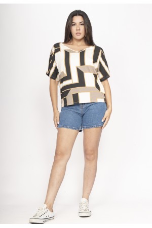 Blusa Básica Morcego Malha Gola V Manga Curta Estampa Igaci