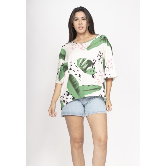 Blusa Morcego Ampla Tangará Estampa Folhagem Poética