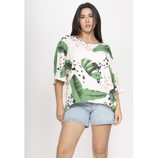 Blusa Morcego Ampla Tangará Estampa Folhagem Poética