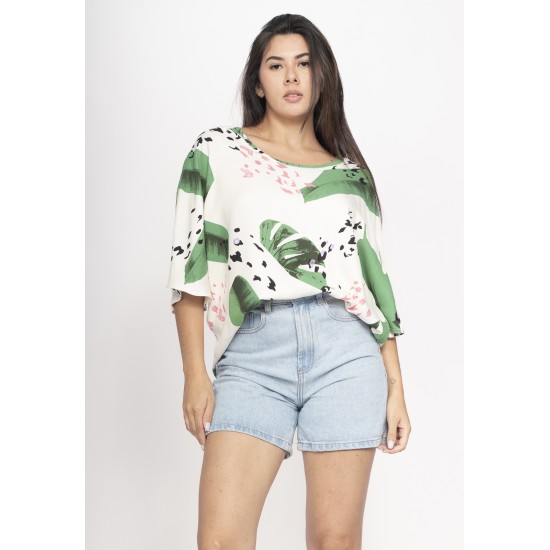 Blusa Morcego Ampla Tangará Estampa Folhagem Poética