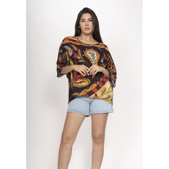 Blusa Morcego Ampla Tangará Estampa Boho Terra