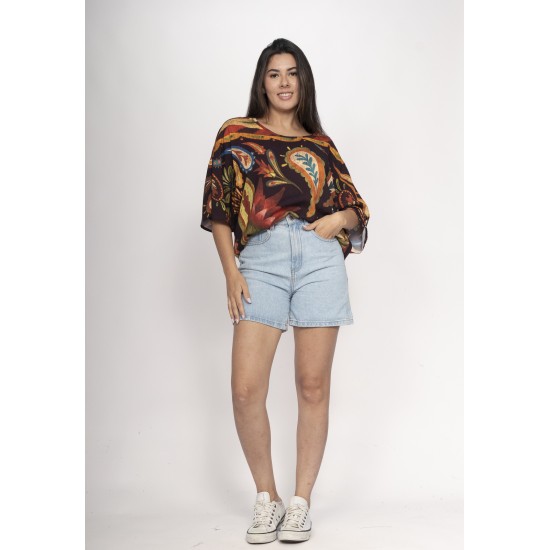 Blusa Morcego Ampla Tangará Estampa Boho Terra