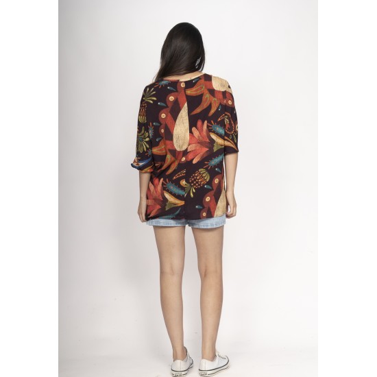 Blusa Morcego Ampla Tangará Estampa Boho Terra