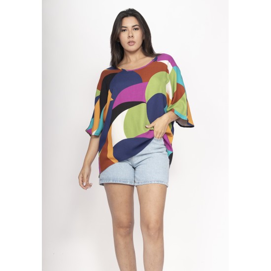 Blusa Morcego Ampla Tangará Estampa Jardim Azul