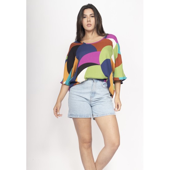 Blusa Morcego Ampla Tangará Estampa Jardim Azul