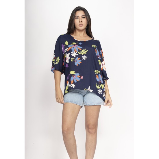 Blusa Morcego Ampla Tangará Estampa Festa das Flores Azul