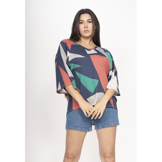 Blusa Ampla Morcego Guyrá Manga 3/4 Malha Geometrias do Tempo