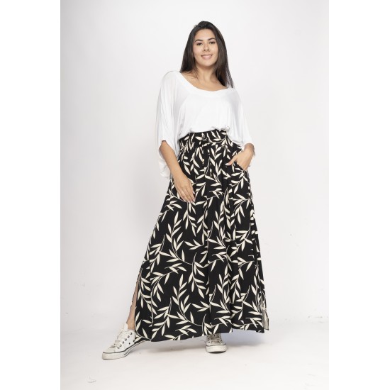 Saia Longa Viscose Folhagem Serena Preta