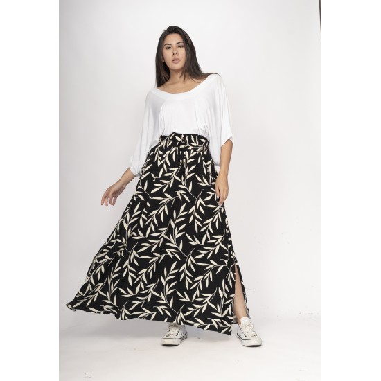 Saia Longa Viscose Folhagem Serena Preta
