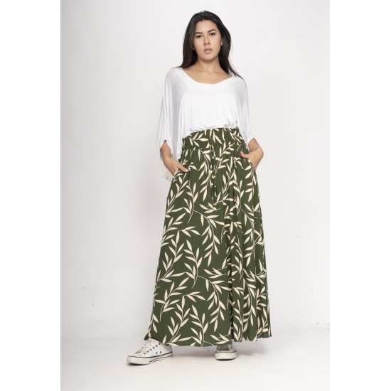 Saia Longa Viscose Folhagem Serena Musgo