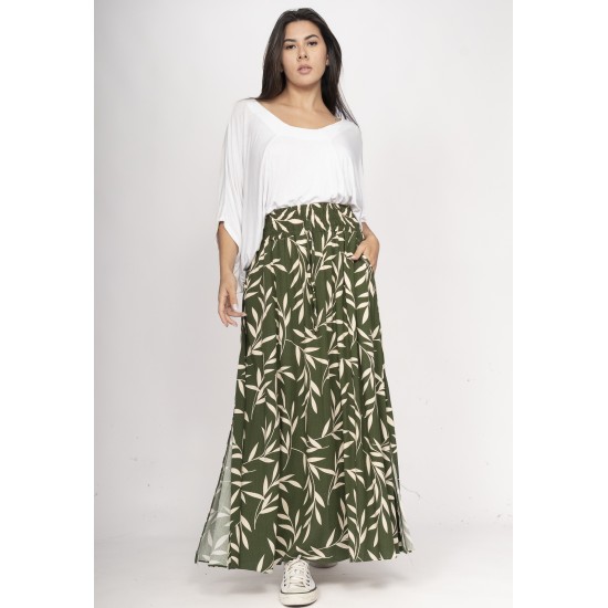 Saia Longa Viscose Folhagem Serena Musgo