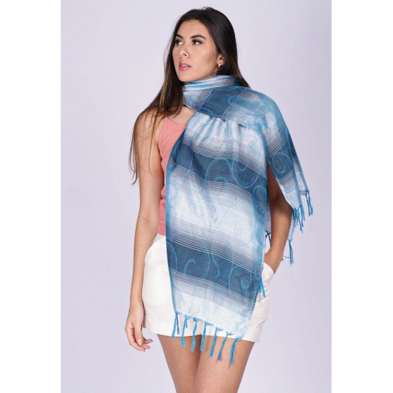 Echarpe Lenço Feminino Ondas Tons de Azul