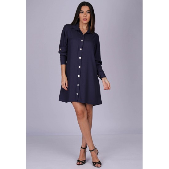 Vestido Chemise Viscose Manga Longa Madrepérola Azul Marinho