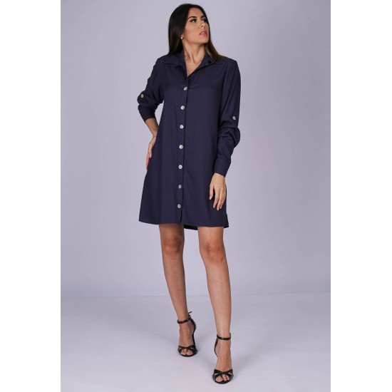 Vestido Chemise Viscose Manga Longa Madrepérola Azul Marinho