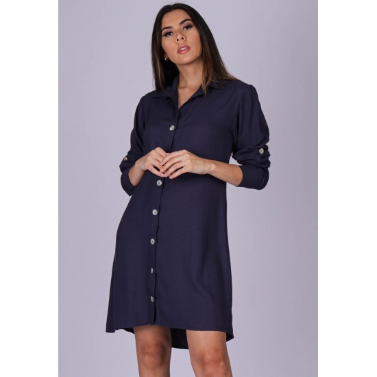 Vestido Chemise Viscose Manga Longa Madrepérola Azul Marinho