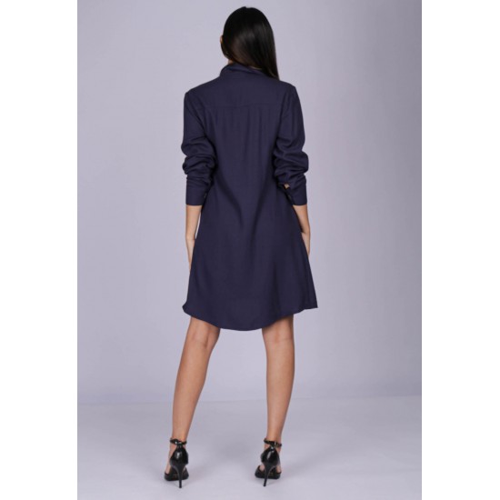 Vestido Chemise Viscose Manga Longa Madrepérola Azul Marinho