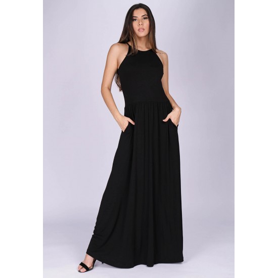 Vestido Longo Jennifer Malha Trapézio com Bolso Preto