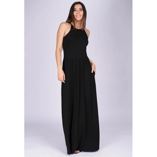 Vestido Longo Jennifer Malha Trapézio com Bolso Preto